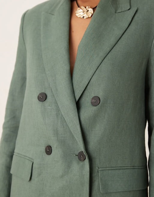 Mango Double Breasted Linen Blazer Sage S