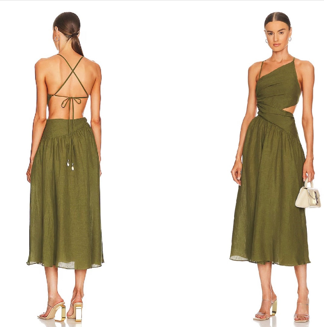 Zimmermann Laurel Asymmetric Dress in Olive Green - Size 3 (L)