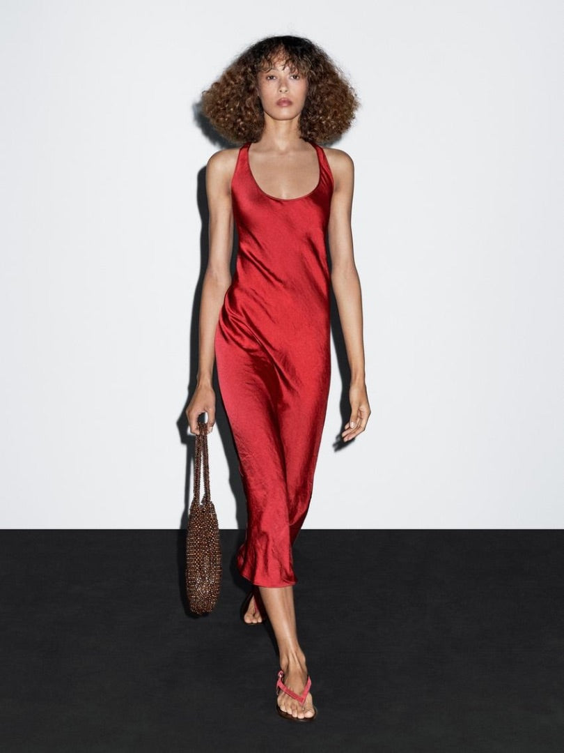 Massimo Dutti Red Silk Maxi Dress S
