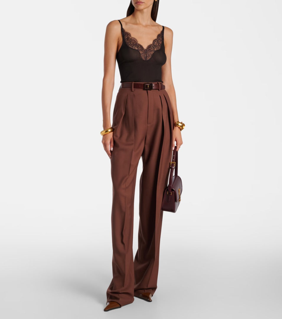 Saint Laurent Lace-Trimmed Ribbed Silk-Jersey Tank Top - Size 34