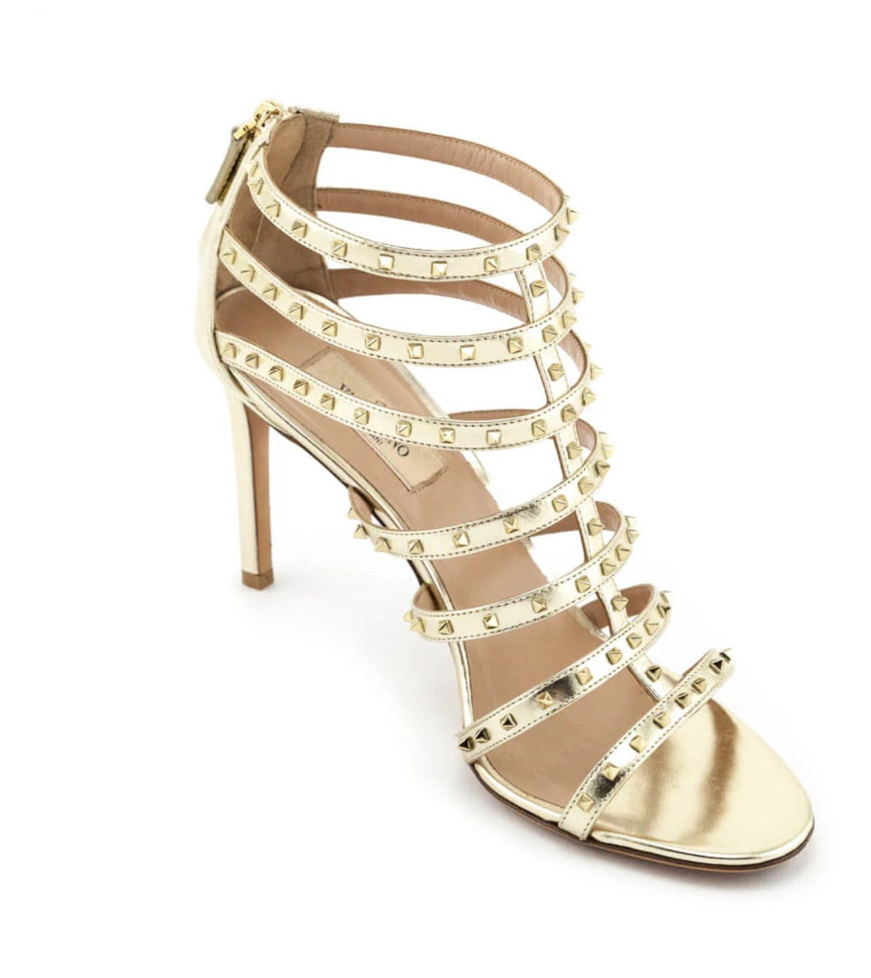 Valentino Gold Leather Rockstud Gladiator Sandals - Size 37.5