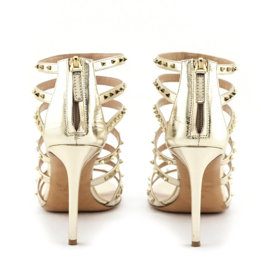 Valentino Gold Leather Rockstud Gladiator Sandals - Size 37.5