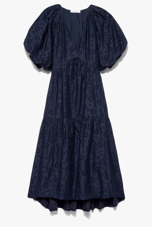 Frame V-Neck Puff Sleeve Maxi Dress Navy - Size M