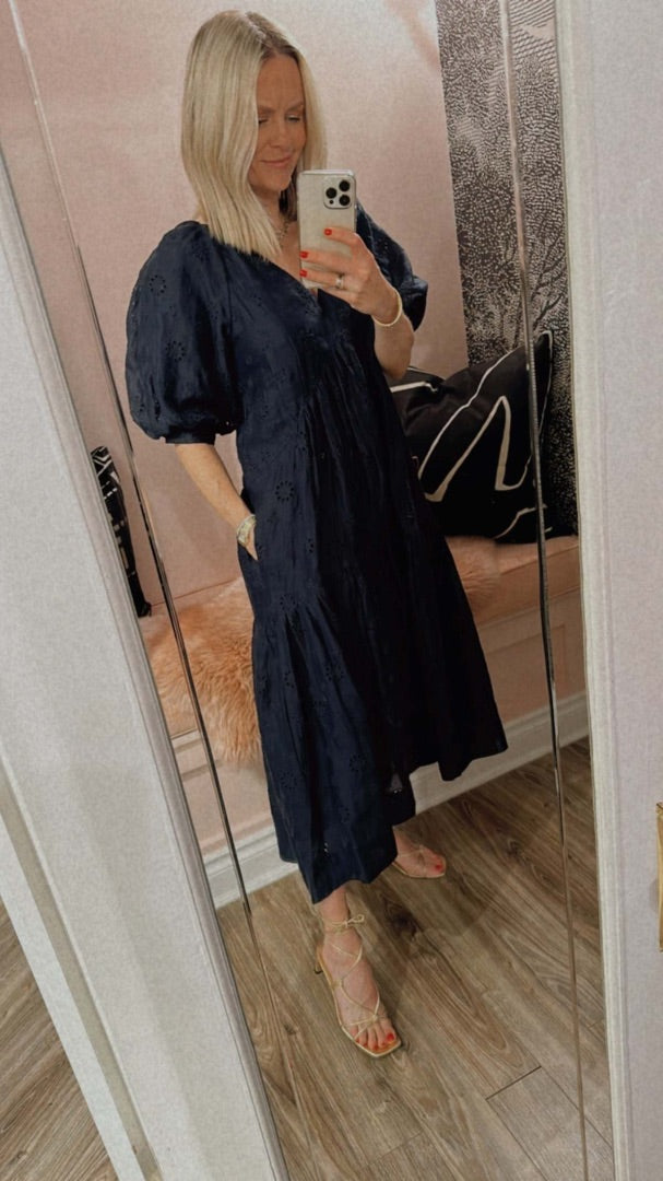 Frame V-Neck Puff Sleeve Maxi Dress Navy - Size M
