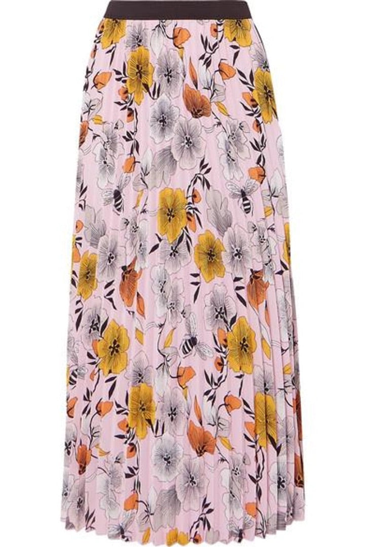 Maje Pleated Floral-print Crepe De Chine Midi Skirt In Pink - Size 3 (Large)