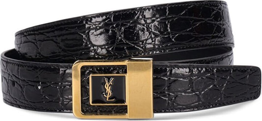 Saint laurent Black LA 66 Buckle Belt in Crocodile-Embossed Leather - Size 80