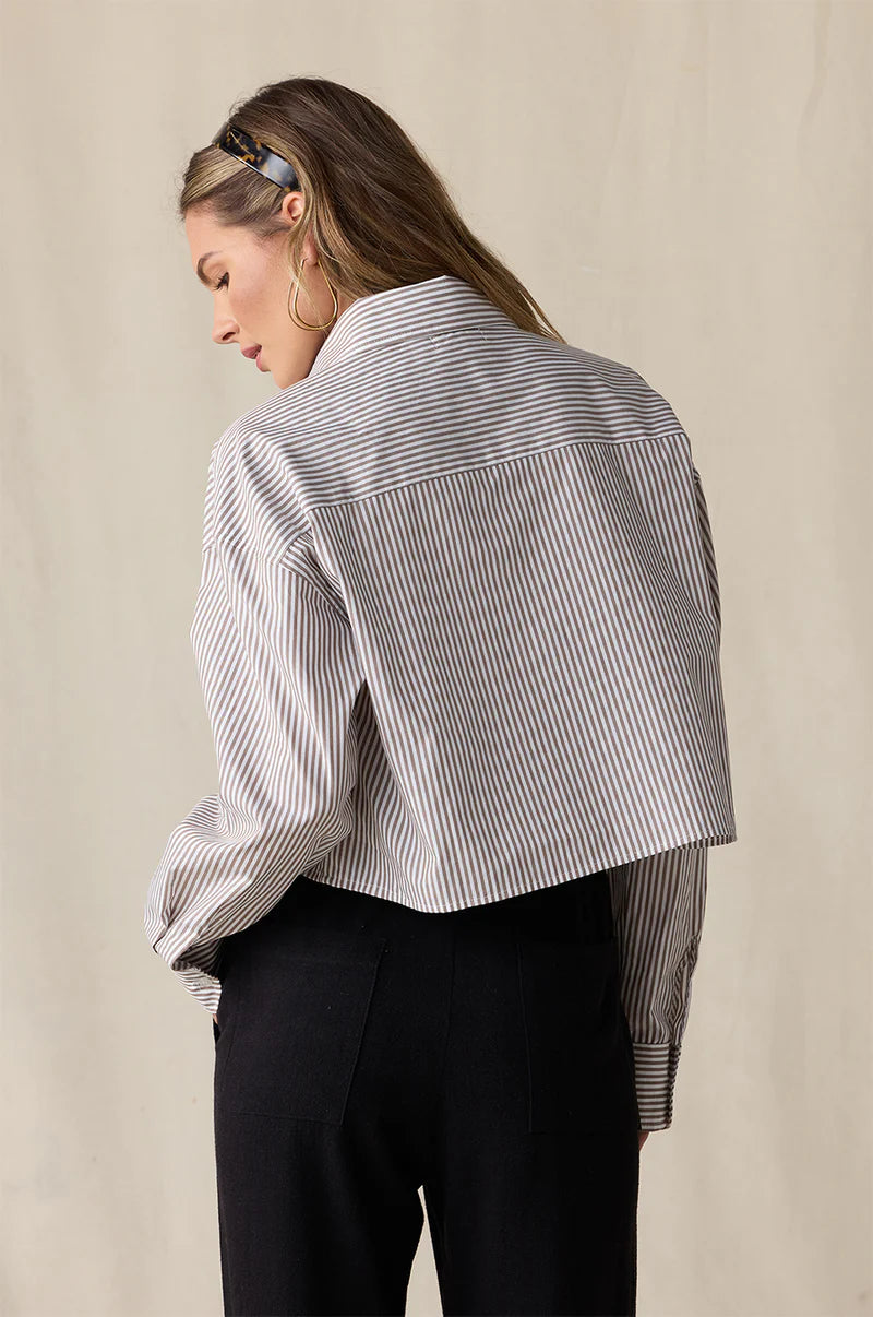 The Lady & the Sailor CROPPED BOXY BUTTON UP IN TAUPE STRIPE POPLIN - Size 1