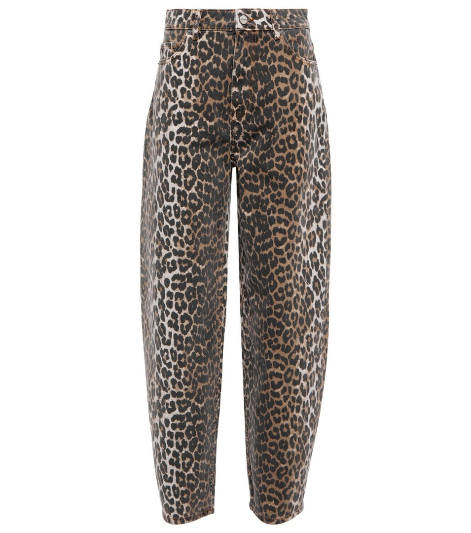 Ganni Stary Leopard-Print Barrel-Leg Jeans - size 28