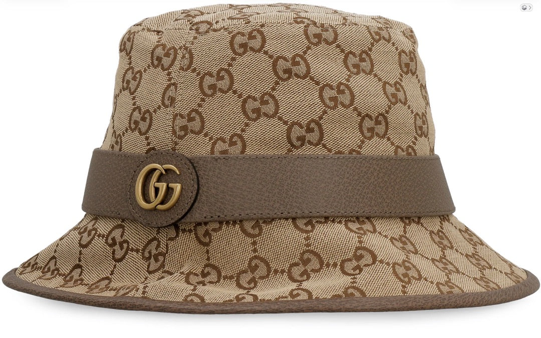 Gucci Monogram Textured Dollar Calfskin GG Jago Bucket Hat in Cacao Beige - Size XL