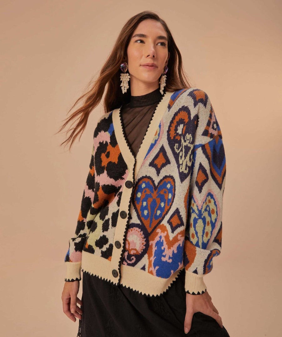 Farm Rio Mixed Ikat Hearts Cardigan - Size Small