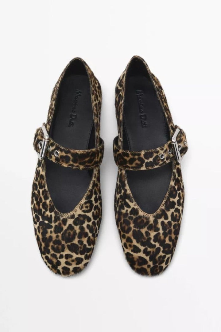 Massimo Dutti Leopard Pony Hair Mary Jane Flats - Size 38