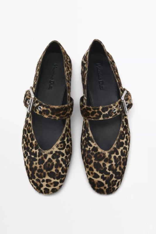 Massimo Dutti Leopard Pony Hair Mary Jane Flats - Size 38