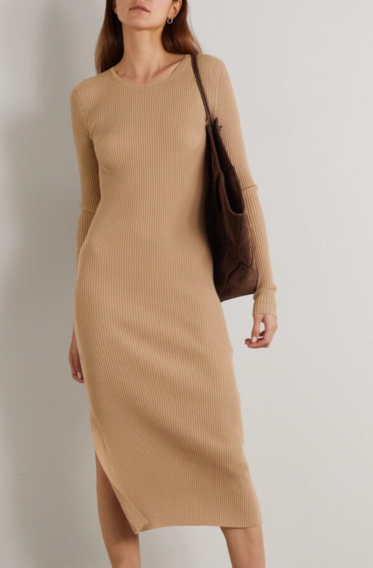 Joseph Ribbed Merino Wool-Blend Midi Dress in Camel - Size S