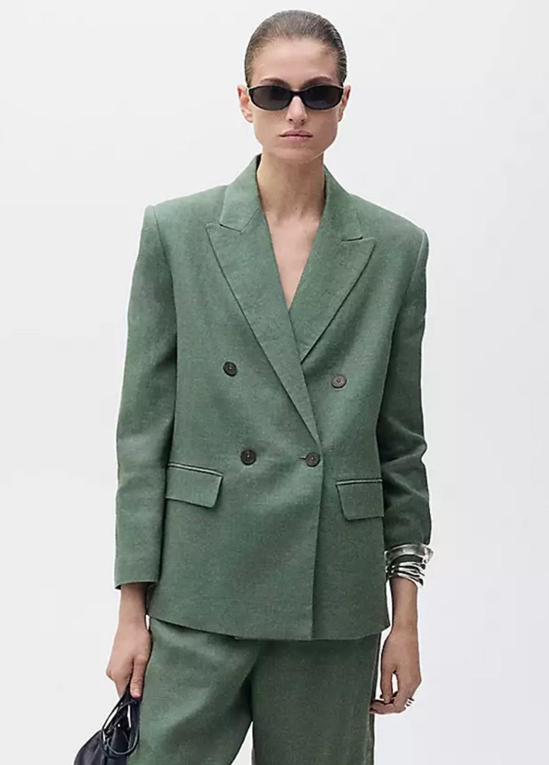 Mango Double Breasted Linen Blazer Sage S