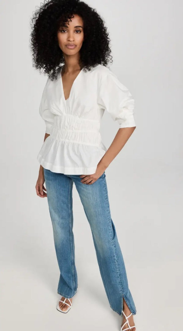 Jonathan Simkhai Yuni Cotton Poplin Puff Sleeve Ruched Top - Size 4