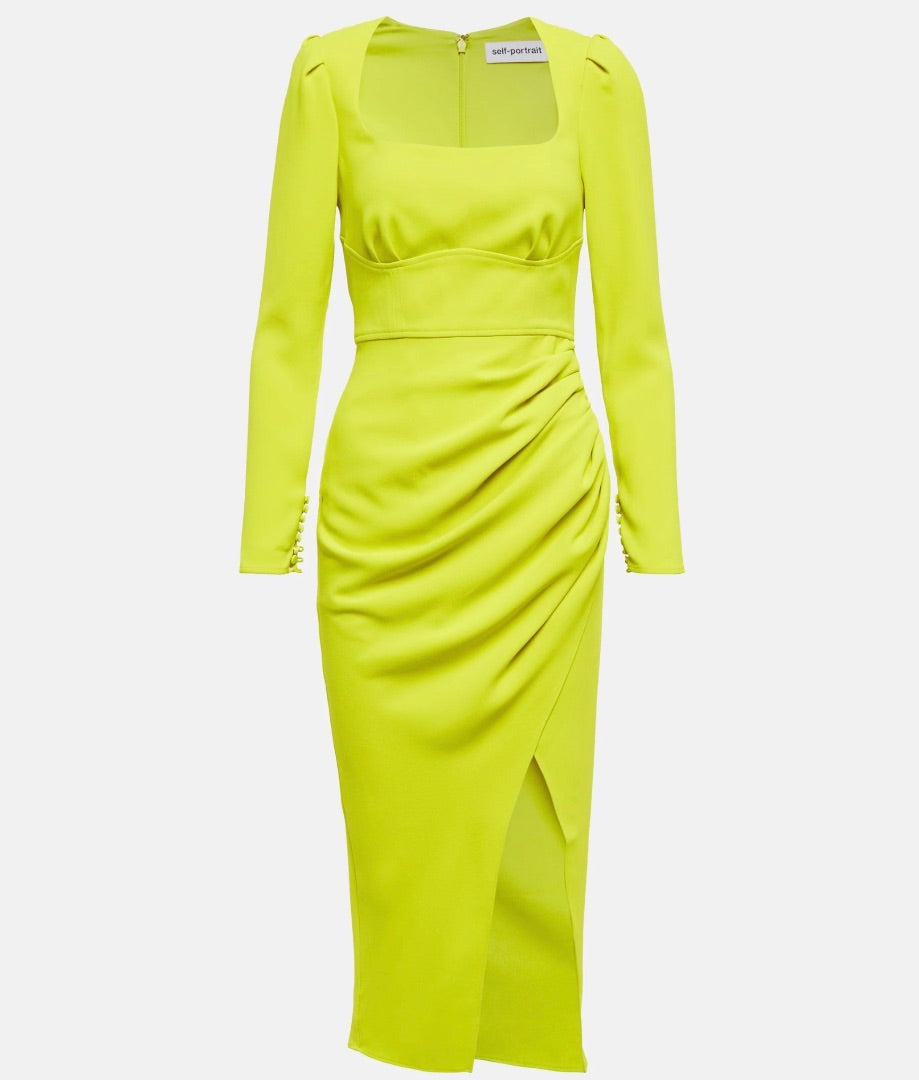 Self Portrait Lime Green Ruched Crêpe Midi Dress 6