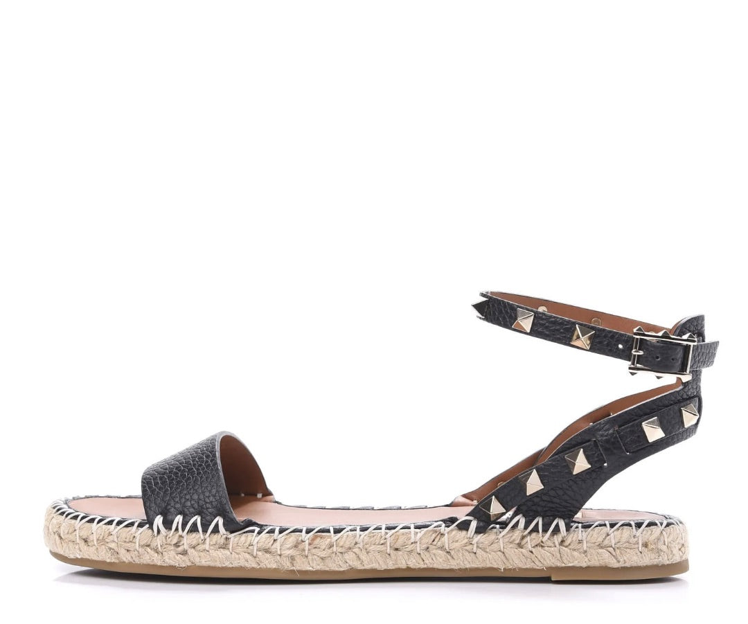 Valentino Grained Calfskin Rockstud Ankle Strap Espadrille Flat Sandals 39 Black