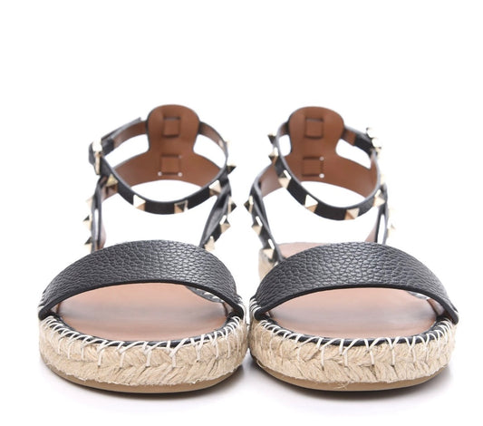 Valentino Grained Calfskin Rockstud Ankle Strap Espadrille Flat Sandals 39 Black