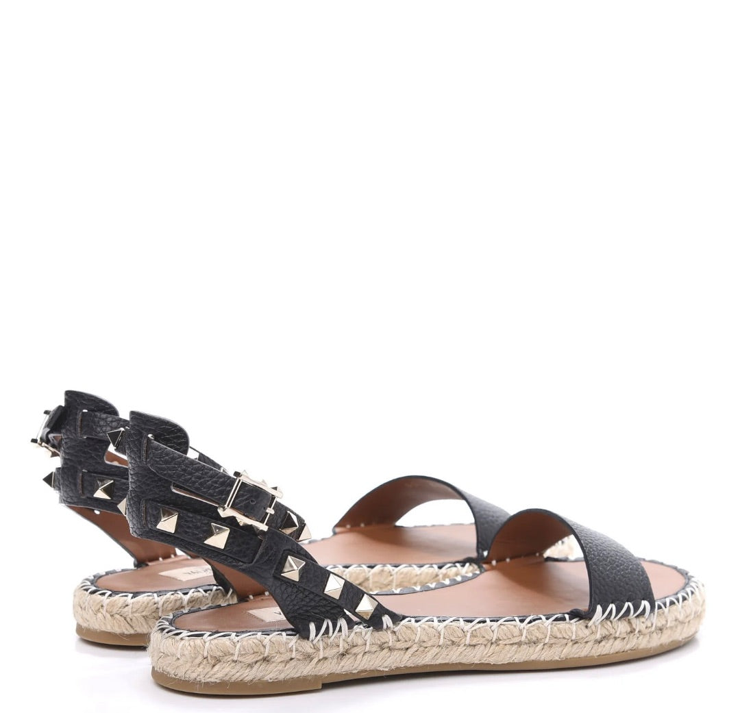 Valentino Grained Calfskin Rockstud Ankle Strap Espadrille Flat Sandals 39 Black