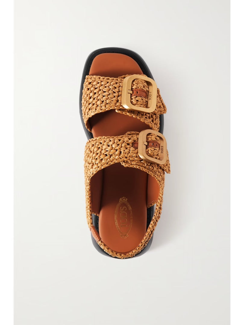 Tod's Buckled Leather-Trimmed Raffia Sandals BNIB - Size 38