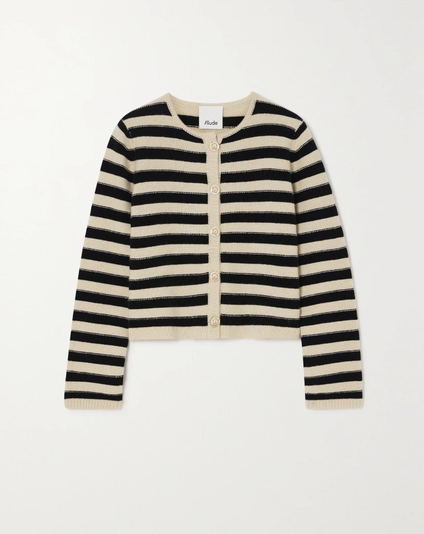 Allude Striped Wool And Cashmere-blend Cardigan In Black - Size Small