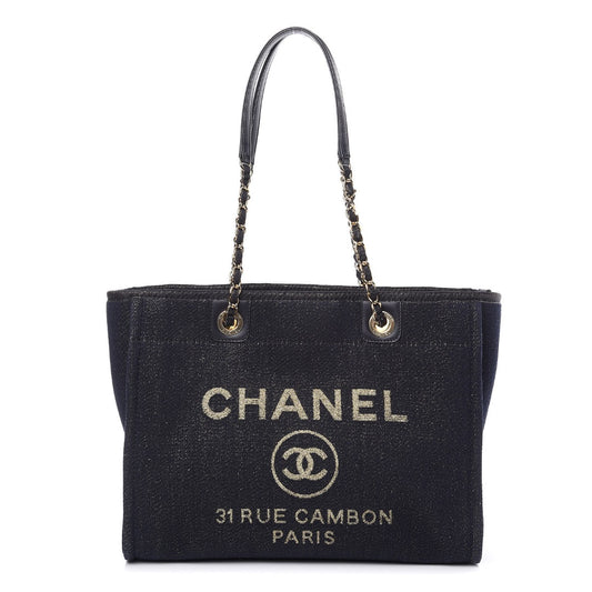 Chanel Lurex Canvas Small Deauville Tote in Navy Blue Gold