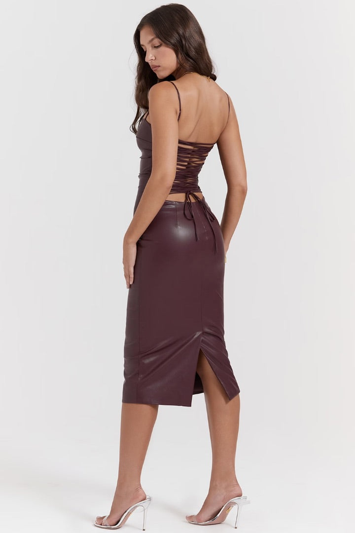 House of CB Jalena Vegan Leather Lace Back Dress in Mulberry BNWT - Size L/XL