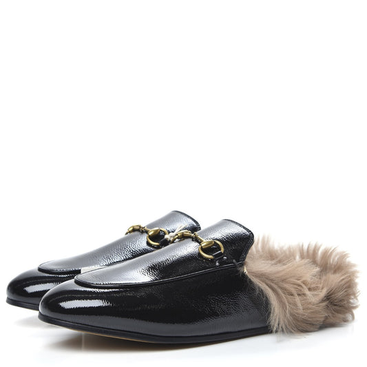 Gucci Patent Fur Princeton Mules - Size 37