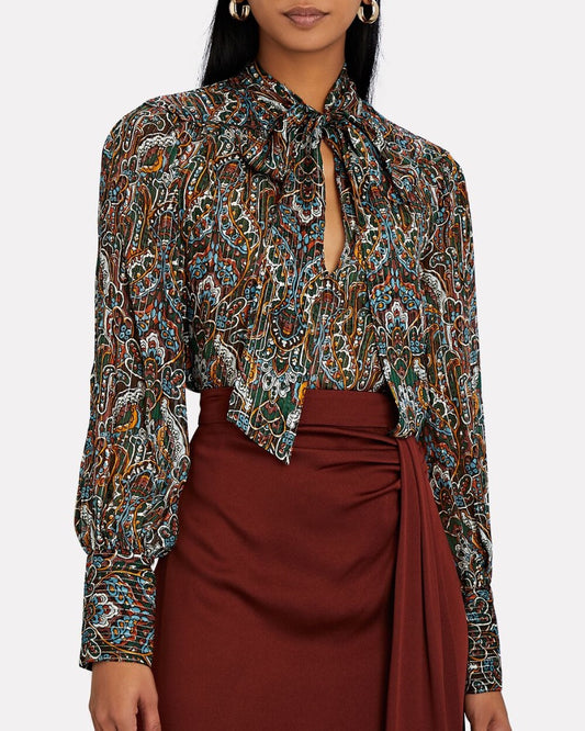 Veronica Beard Zaylee Paisley Tie-Neck Blouse - Size 0