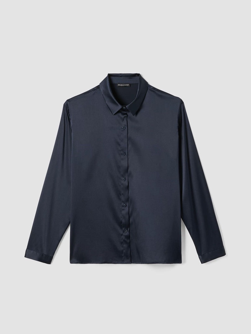 Eileen Fisher Stretch Silk Charmeuse Classic Collar Shirt in Navy - Size XL