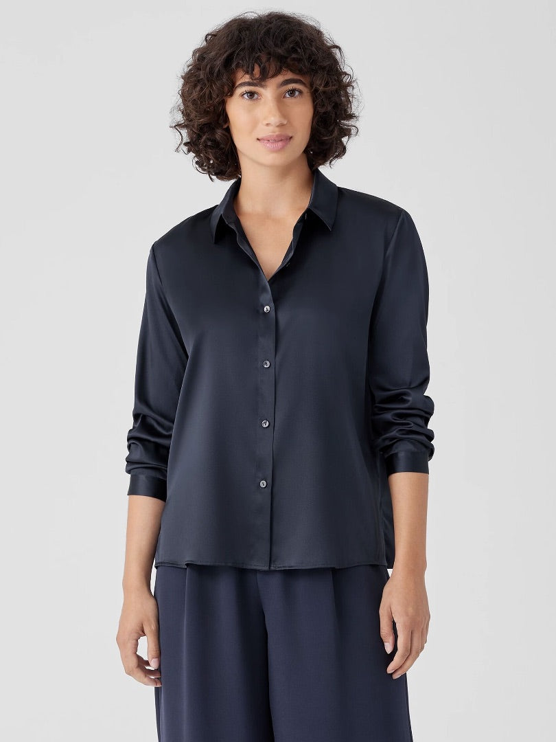 Eileen Fisher Stretch Silk Charmeuse Classic Collar Shirt in Navy - Size XL