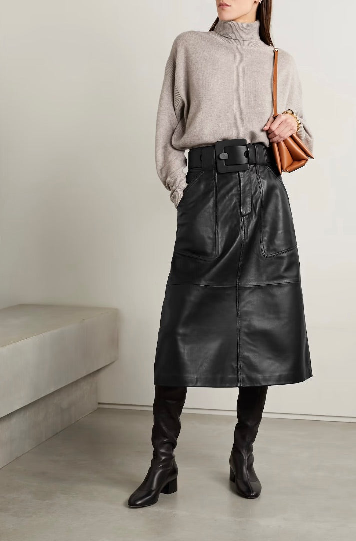 SEA Ayden belted leather midi skirt Size 2