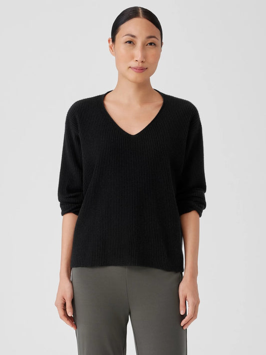 Eileen Fisher Italian Cashmere V-Neck Top in Black - Size L