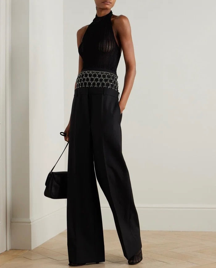 Stella McCartney Crystal-Embellished Tulle-Paneled Wool Wide-Leg Pants 38