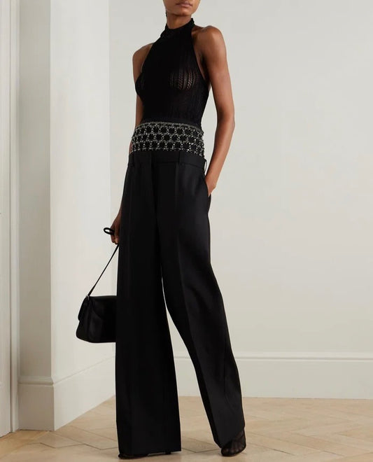Stella McCartney Crystal-Embellished Tulle-Paneled Wool Wide-Leg Pants 38