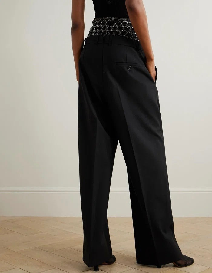 Stella McCartney Crystal-Embellished Tulle-Paneled Wool Wide-Leg Pants 38