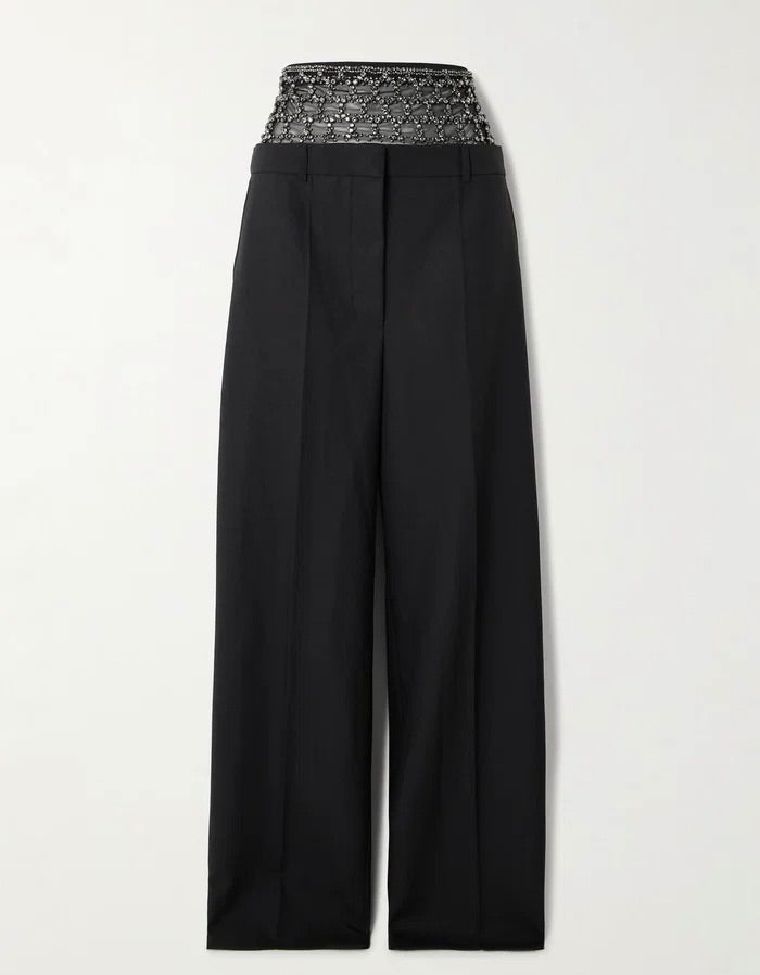 Stella McCartney Crystal-Embellished Tulle-Paneled Wool Wide-Leg Pants 38