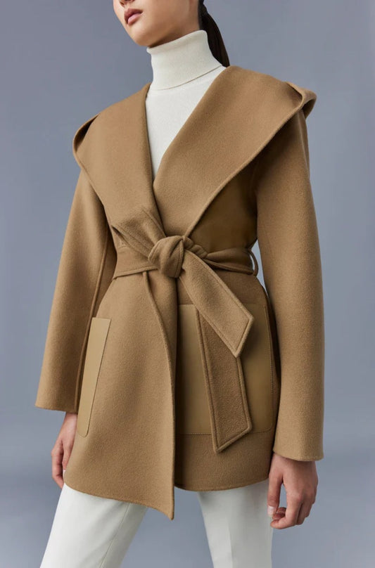 Mackage AZRA Double-Face Wool Wrap Coat in Camel - Size XL