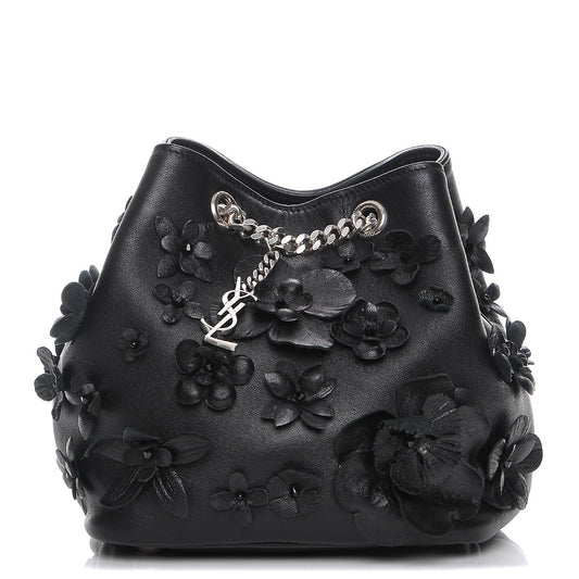 Saint Laurent Lambskin Floral Applique Baby Emmanuelle Bucket Bag Black