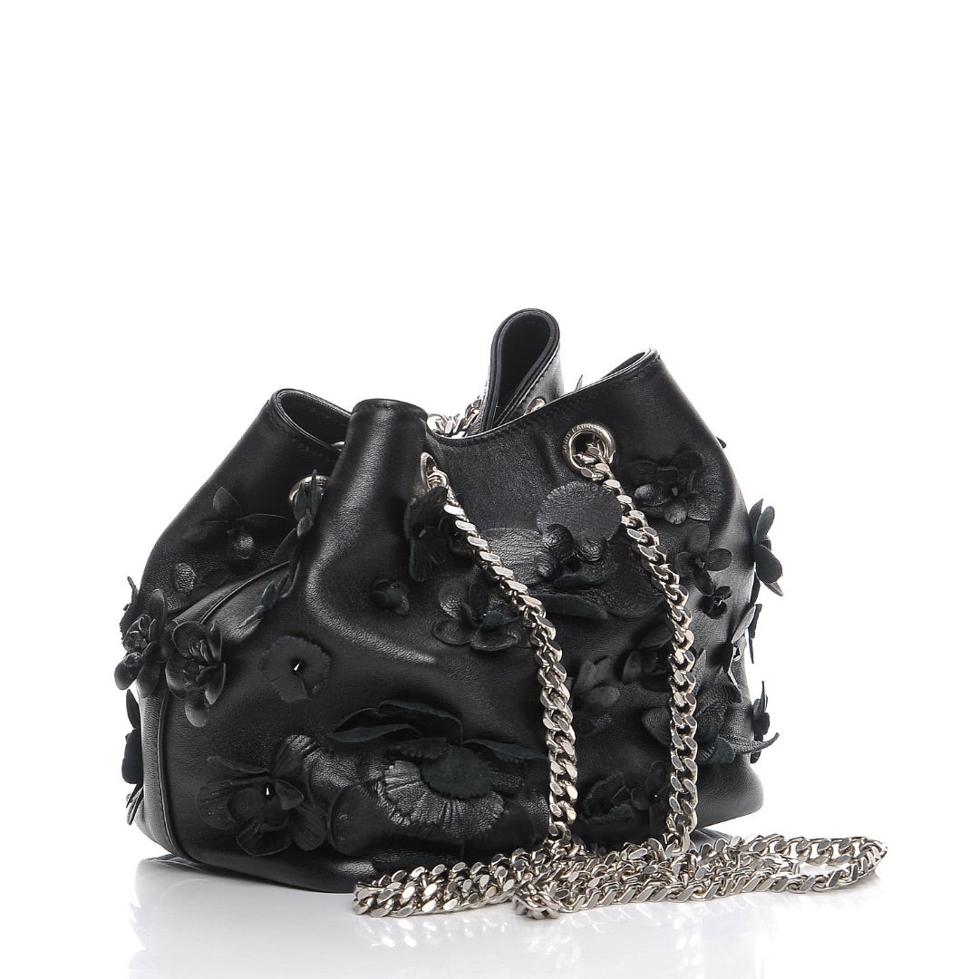 Saint Laurent Lambskin Floral Applique Baby Emmanuelle Bucket Bag Black