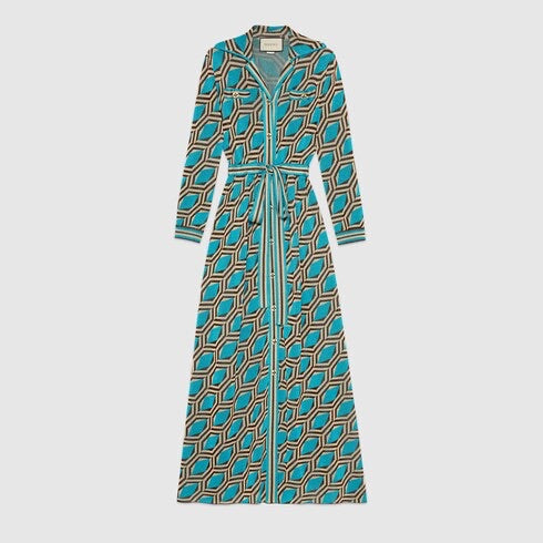 Gucci Blue Geometric-pattern Jacquard Shirt Dress - size M