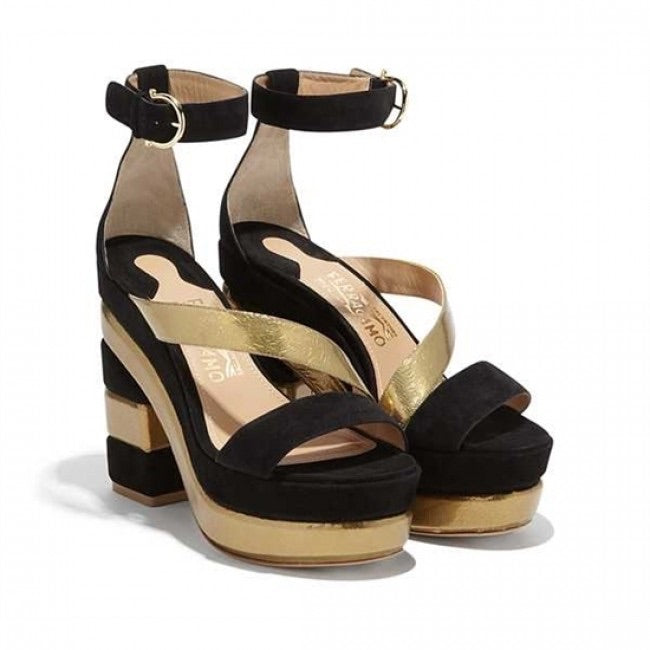 Salvatore Ferragamo Wrap-around Platform Sandals in Black/Gold - Size 7.5.