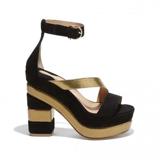 Salvatore Ferragamo Wrap-around Platform Sandals in Black/Gold - Size 7.5.