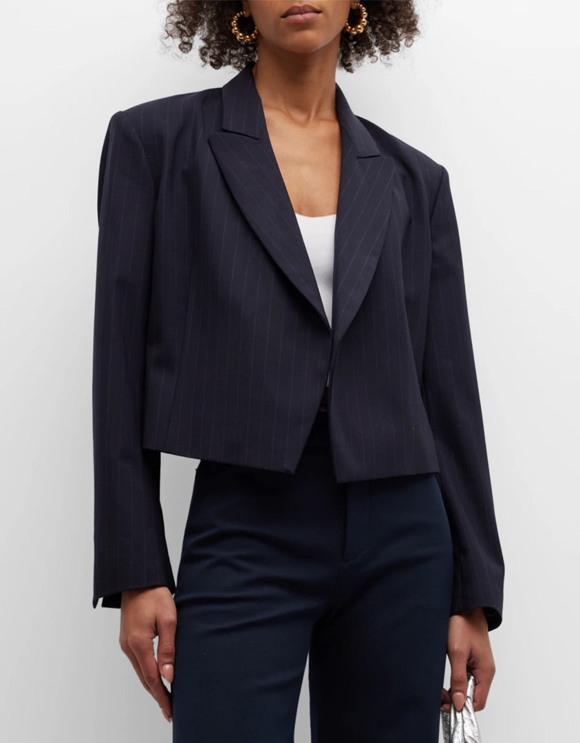 Frame Strong Shoulder Cropped Blazer in Navy Stripe - Size XS