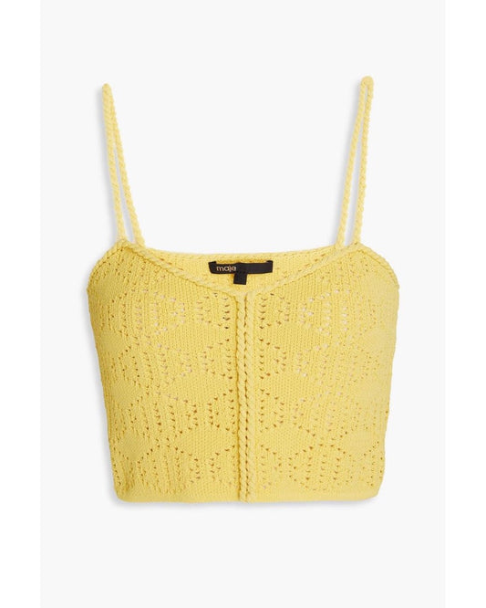 Maje Cropped Pointelle-Knit Cotton-Blend Top in Yellow - Size 1 (XS/S)
