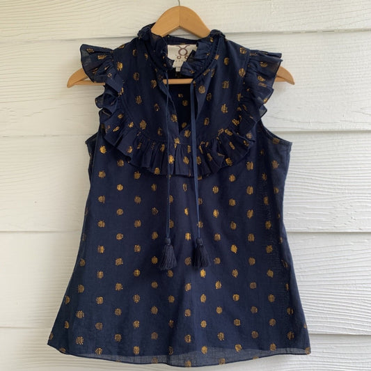 Figue Navy Gauze Tassle Polka Dot Gold Top - Size XS