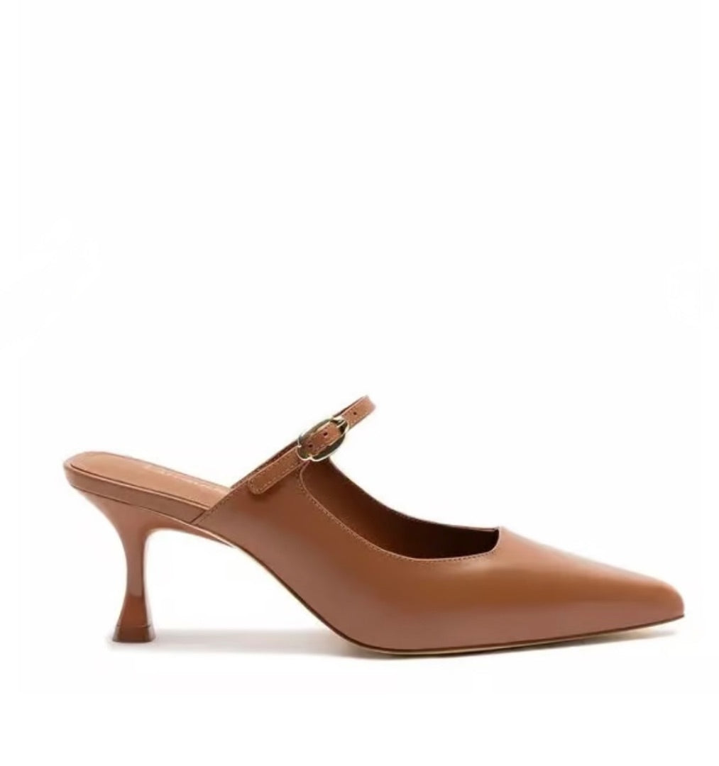 Larroude Ines Pointed Toe Mules in Caramel - Size 8