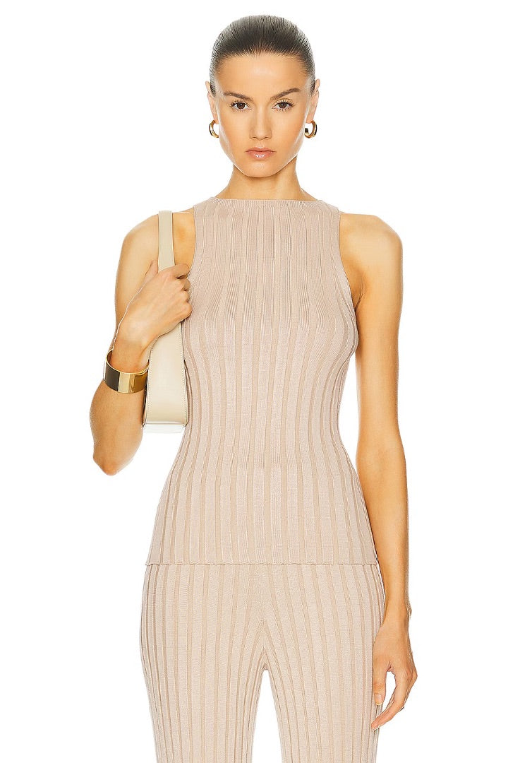 L'Acadmie by Marianna Sereph Rib Tank & Matching Pants Set in Beige - Size Small (Fits like an XS)