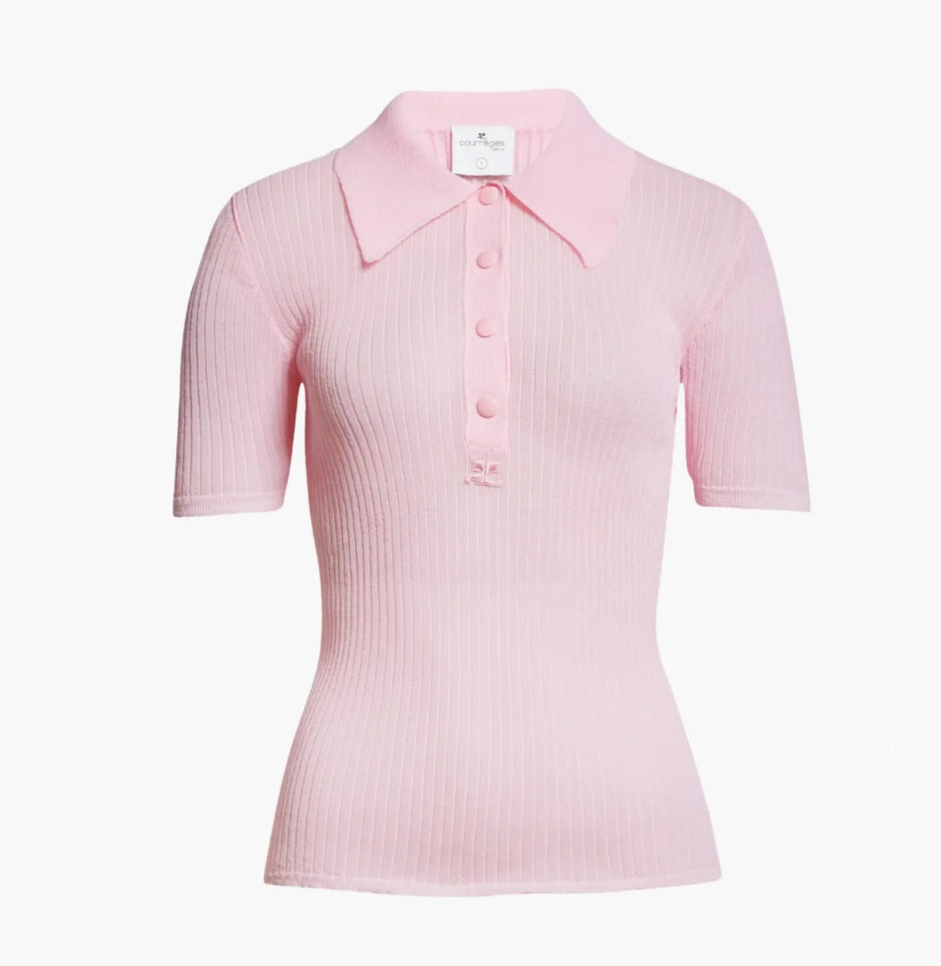 Courrèges Semisheer Ribbed Polo in Pink - Size 2 (Fits like an XS)