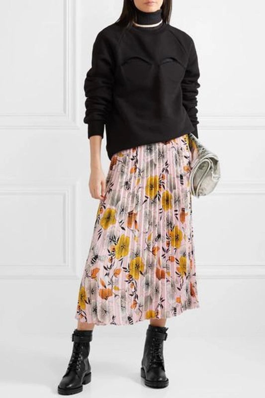 Maje Pleated Floral-print Crepe De Chine Midi Skirt In Pink - Size 3 (Large)
